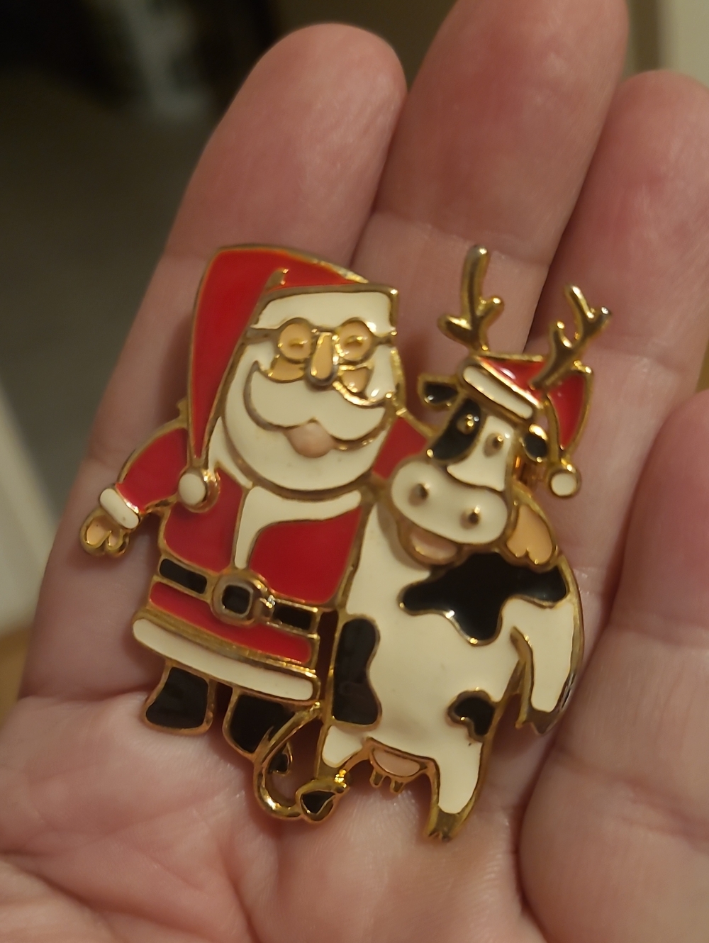 Christmas Santa and Reindeer Cow Enamel Pin Red, White, Black, Gold Edgar Berebi
